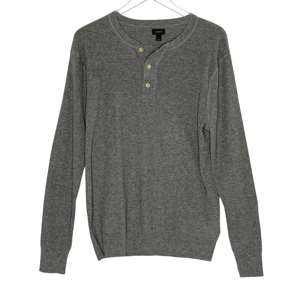 J.Crew Mens Wool Cotton Henley Thermal T Shirt L Gray Ribbed Layering